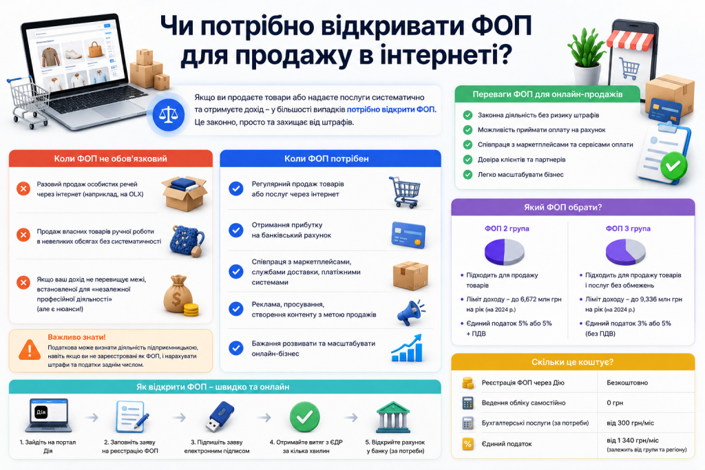 Інфографіка про відкриття ФОП для онлайн-продажів, вибір групи та реєстрацію підприємця