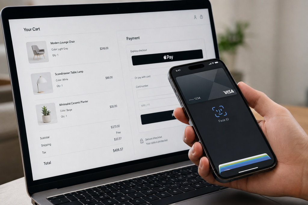 Покупець оплачує онлайн-замовлення в інтернет-магазині зі смартфона через Apple Pay