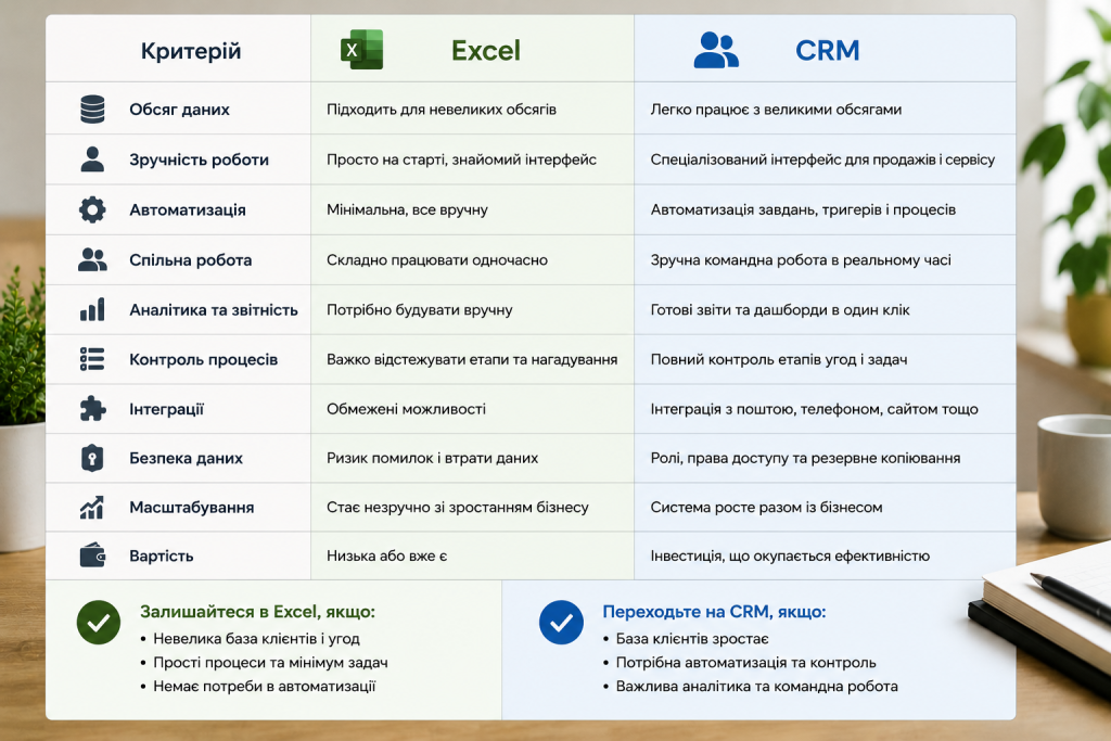 Порівняльна таблиця CRM і Excel за автоматизацією, аналітикою, командною роботою, інтеграціями та масштабуванням бізнесу