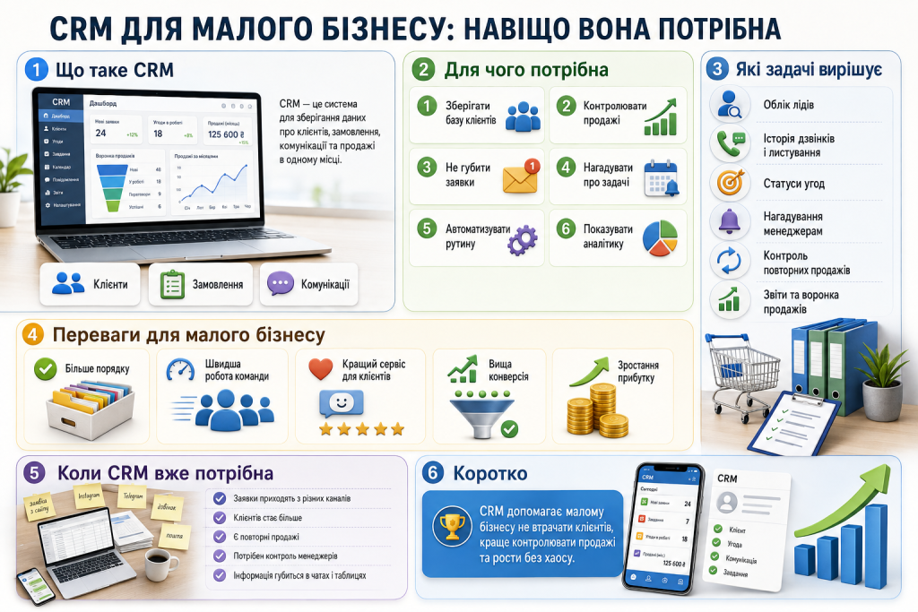 Інфографіка про функції та переваги CRM-системи для автоматизації малого бізнесу