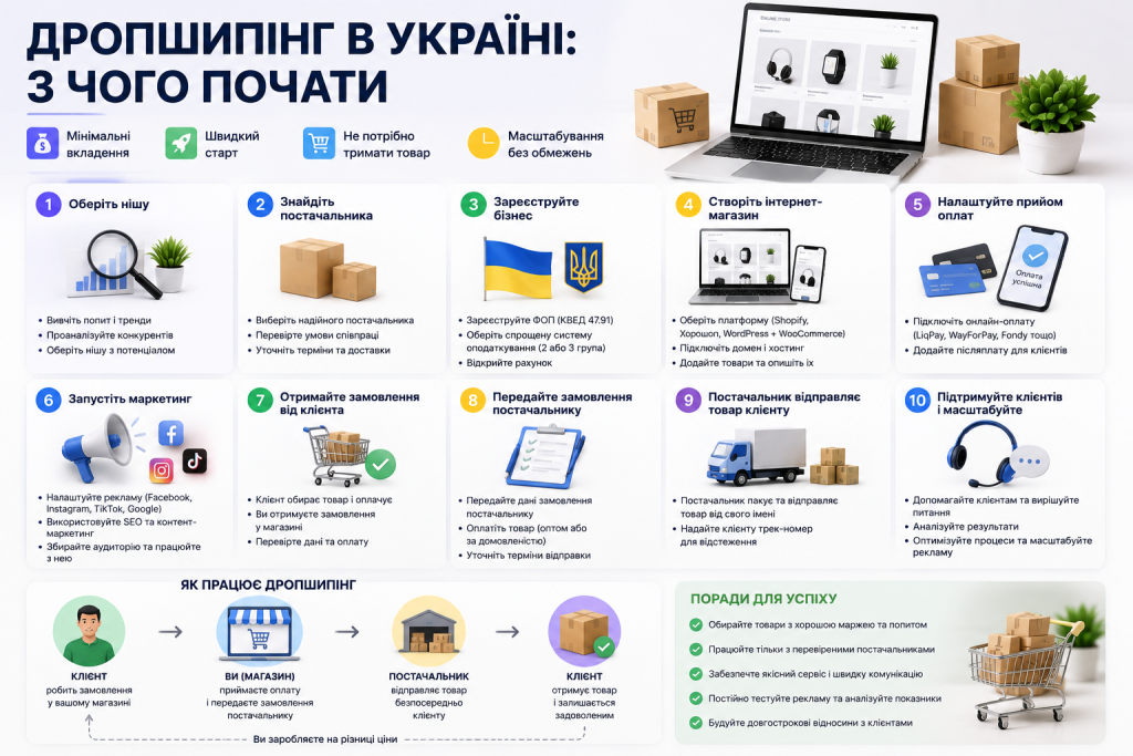Покрокова інфографіка про запуск дропшипінгу в Україні, пошук постачальника та створення магазину