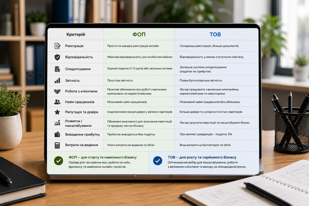 Порівняльна таблиця ФОП і ТОВ за реєстрацією, відповідальністю, оподаткуванням, звітністю та можливостями розвитку бізнесу