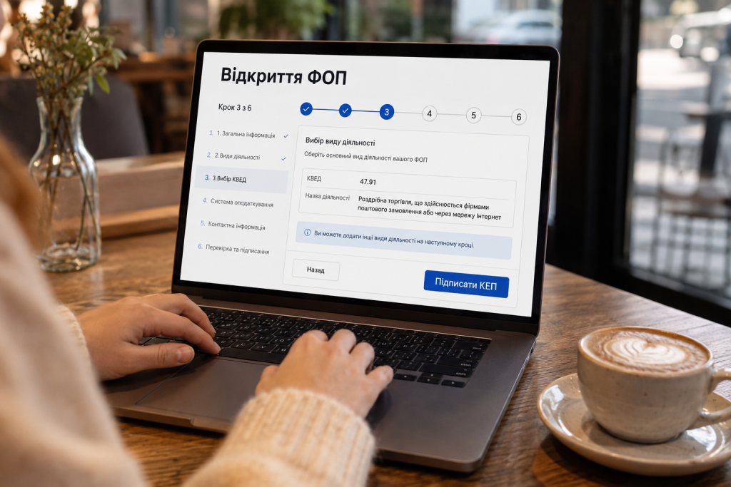 Жінка заповнює онлайн-заяву на відкриття ФОП і вибирає КВЕД для інтернет-торгівлі