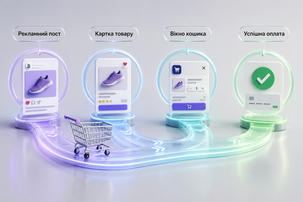 3D-схема шляху клієнта від рекламного допису та картки товару до кошика й успішної оплати
