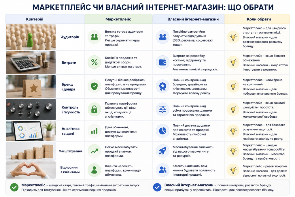 Порівняльна таблиця маркетплейсу та власного інтернет-магазину за витратами, контролем і масштабуванням
