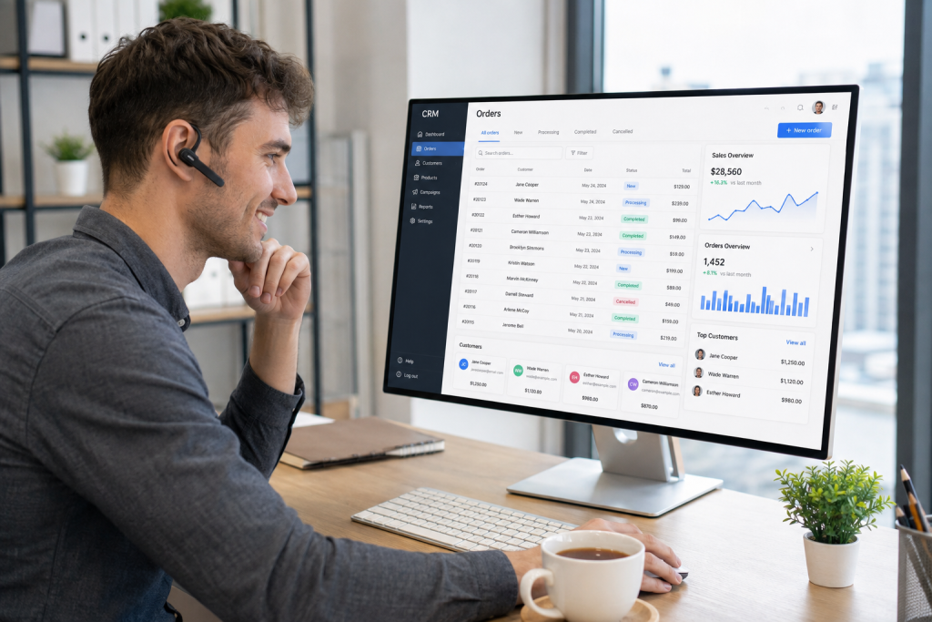 Менеджер працює в CRM-системі зі списком замовлень клієнтів і аналітикою продажів