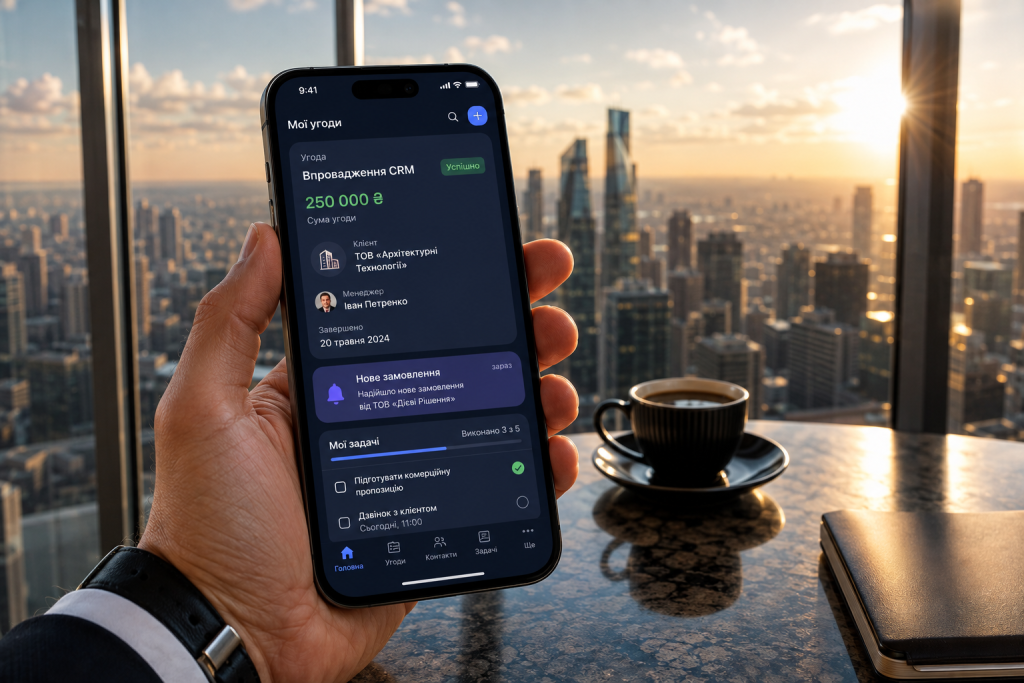 CRM-система на екрані смартфона для керування угодами, клієнтами та завданнями