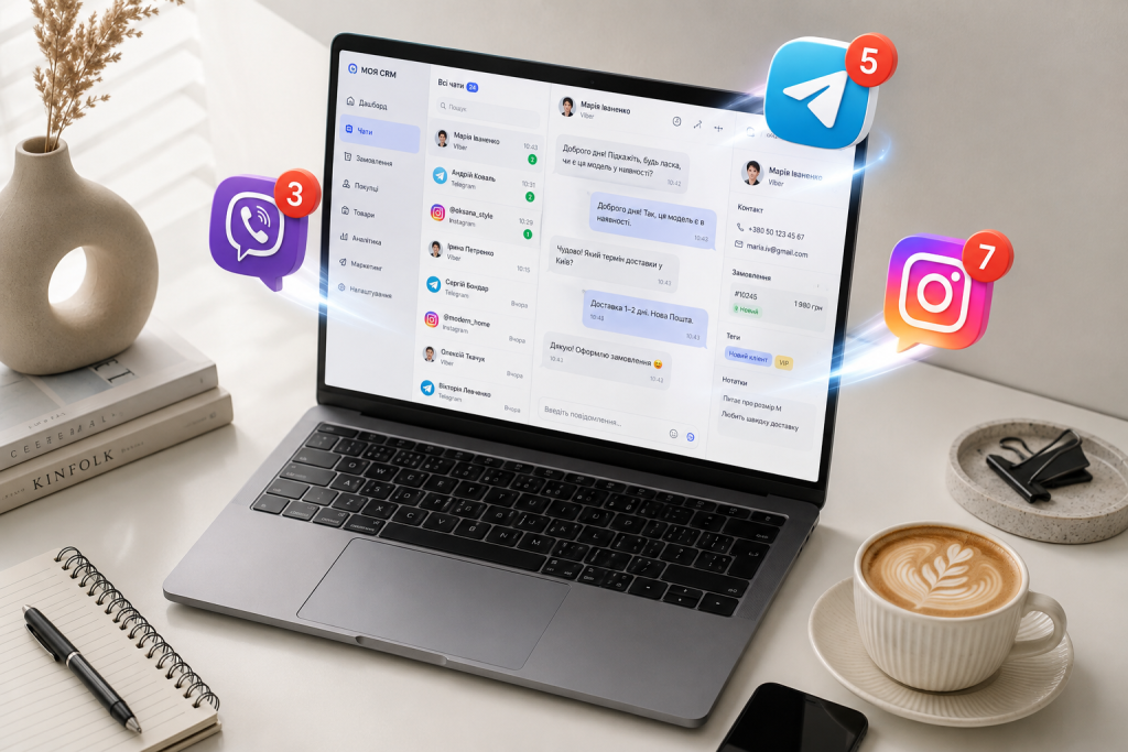 Єдине вікно CRM-системи для повідомлень клієнтів з Viber, Telegram та Instagram на ноутбуці