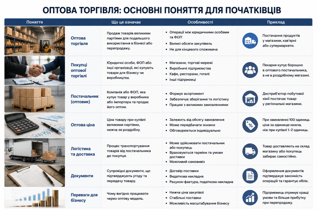 Інфографіка про оптову торгівлю, постачальників, ціни, логістику та документи для початківців