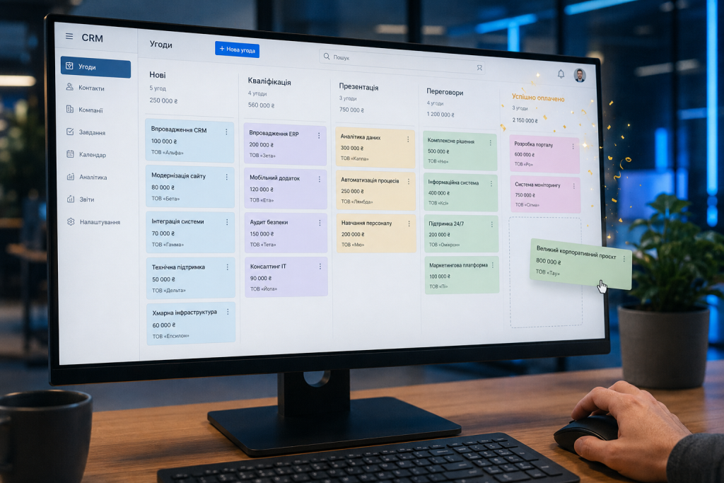 Переміщення картки угоди на завершальний етап воронки продажів у CRM-системі