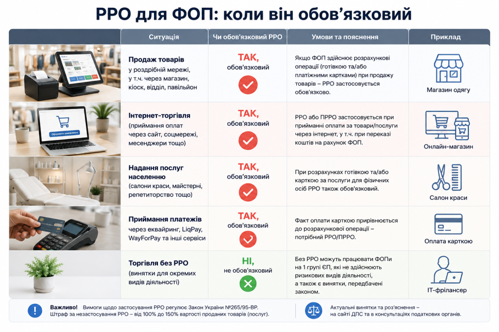 Порівняльна таблиця випадків, коли ФОП потрібно застосовувати РРО або ПРРО