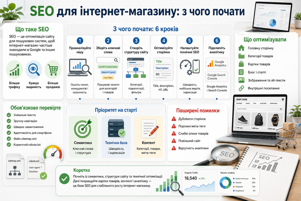 Інфографіка про SEO-просування інтернет-магазину, технічну оптимізацію та ключові слова
