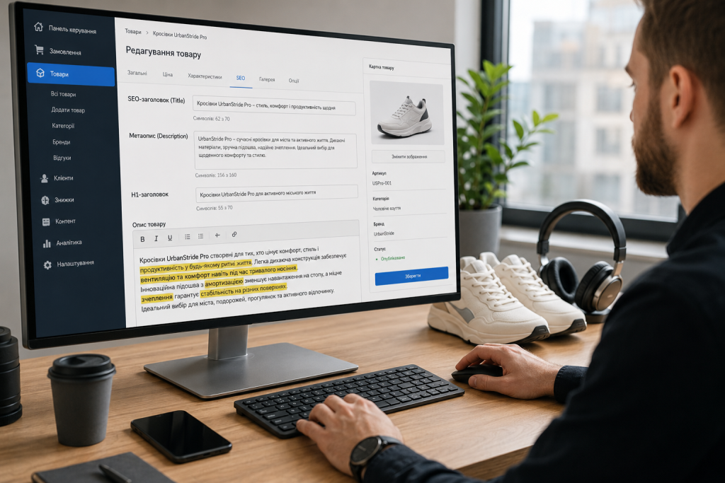 SEO-фахівець оптимізує заголовок, метаопис і текст картки товару інтернет-магазину