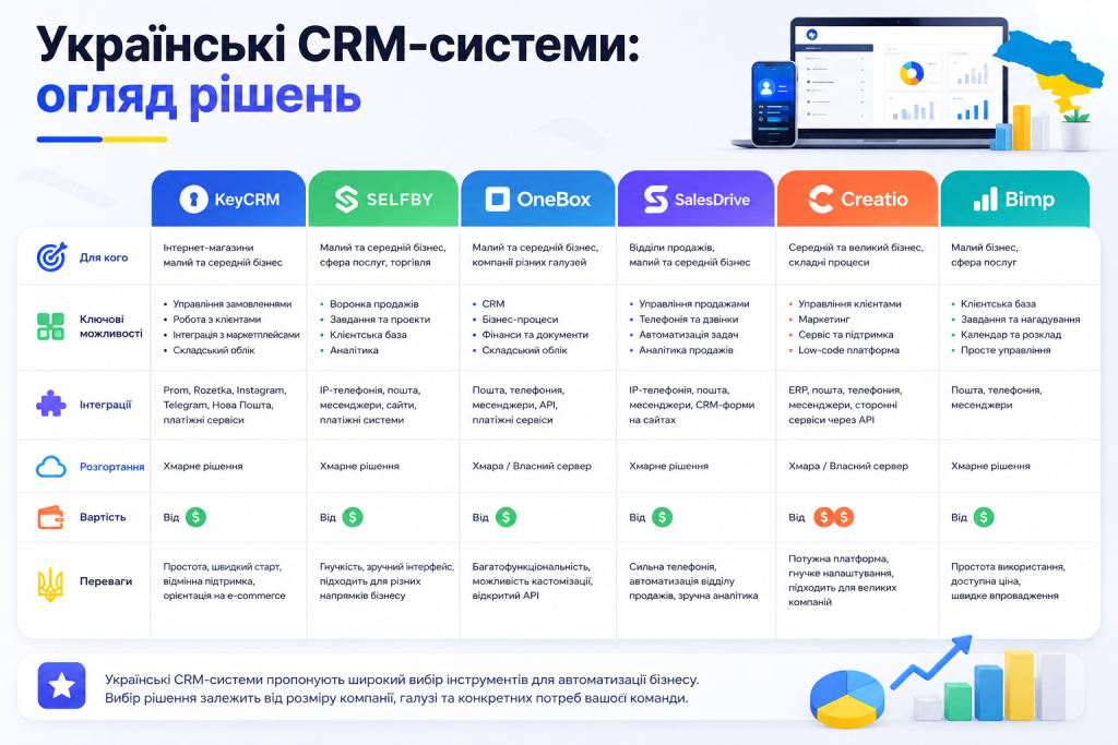 Порівняльна таблиця українських CRM-систем KeyCRM, SalesDrive, OneBox, Creatio та інших