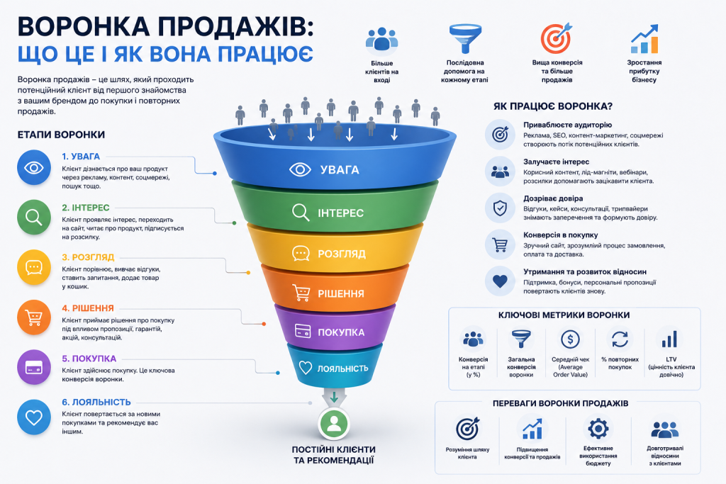 Інфографіка про етапи воронки продажів від привернення уваги до покупки та лояльності клієнта