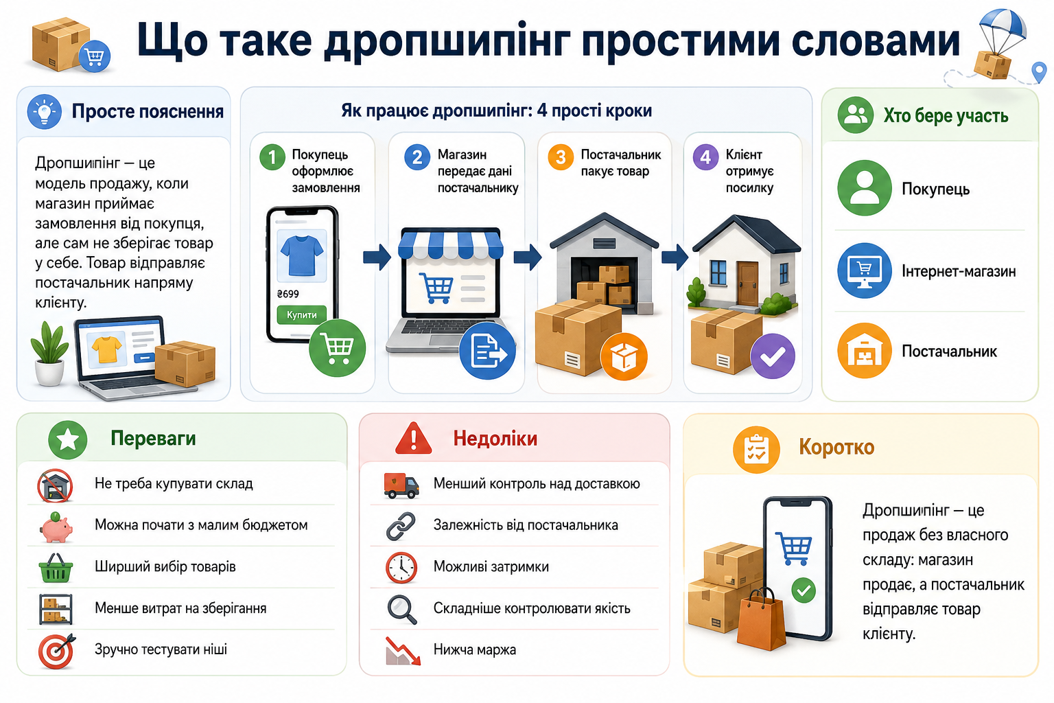 Інфографіка про дропшипінг, схему роботи, переваги та недоліки моделі продажів
