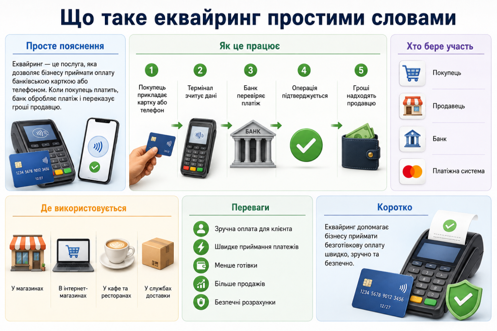 Інфографіка про еквайринг, процес приймання платежів та його переваги для бізнесу