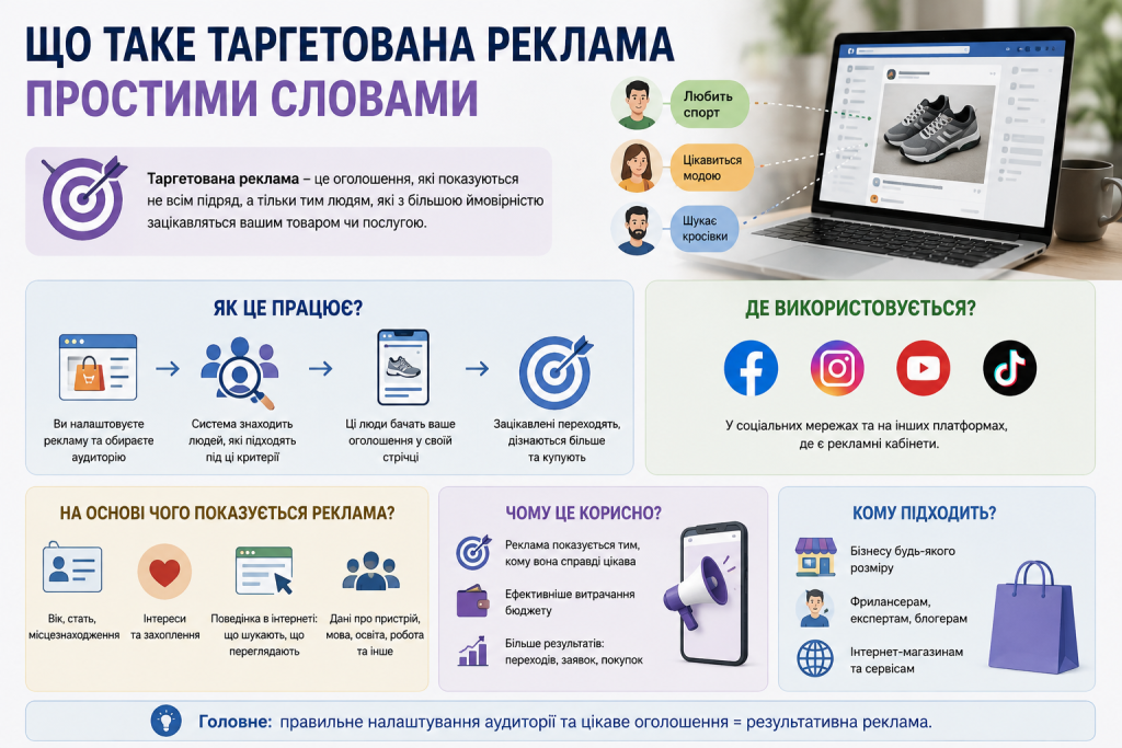 Інфографіка про принцип роботи таргетованої реклами, вибір аудиторії, налаштування кампанії та аналіз результатів
