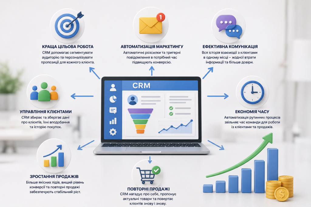 Інфографіка про збільшення продажів за допомогою CRM, автоматизації маркетингу та роботи з клієнтами