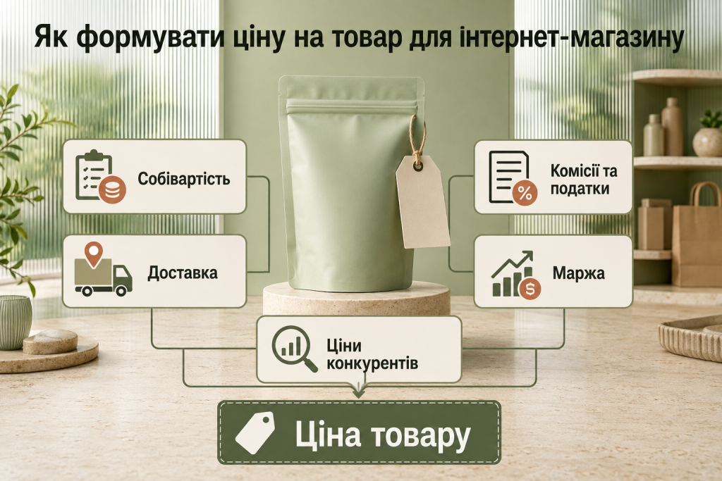 Інфографіка про формування ціни товару з урахуванням собівартості, доставки, комісій, податків, маржі та цін конкурентів