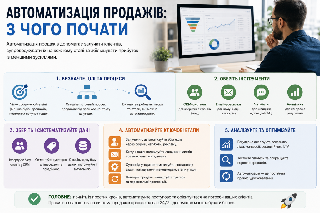 Інфографіка з етапами автоматизації продажів, упровадження CRM, налаштування процесів та аналізу результатів
