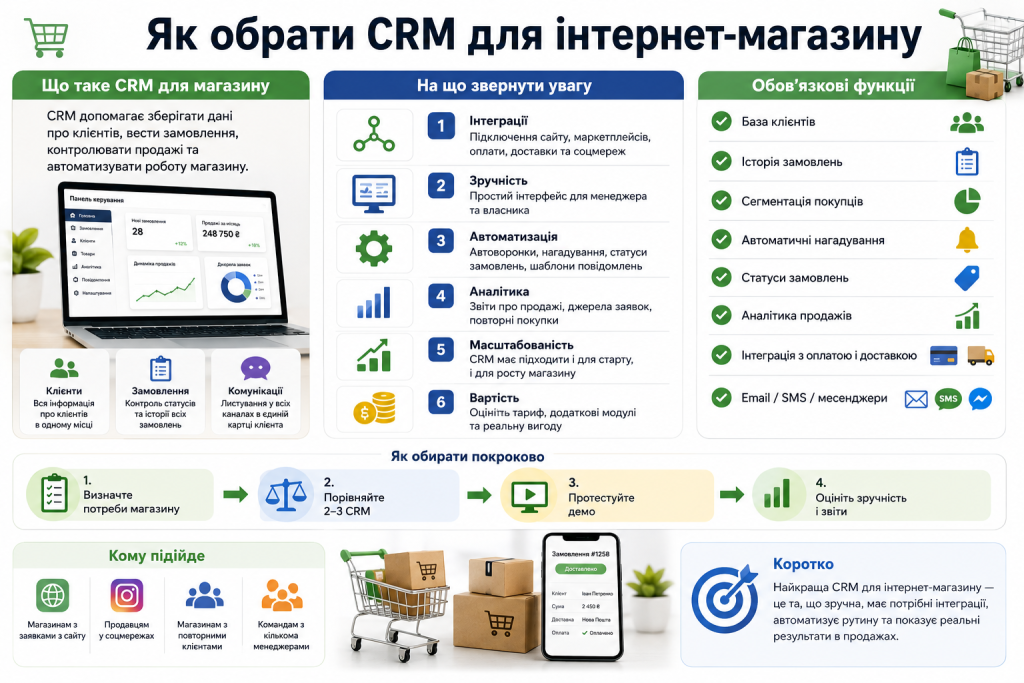 Інфографіка про вибір CRM-системи, обов’язкові функції та автоматизацію інтернет-магазину