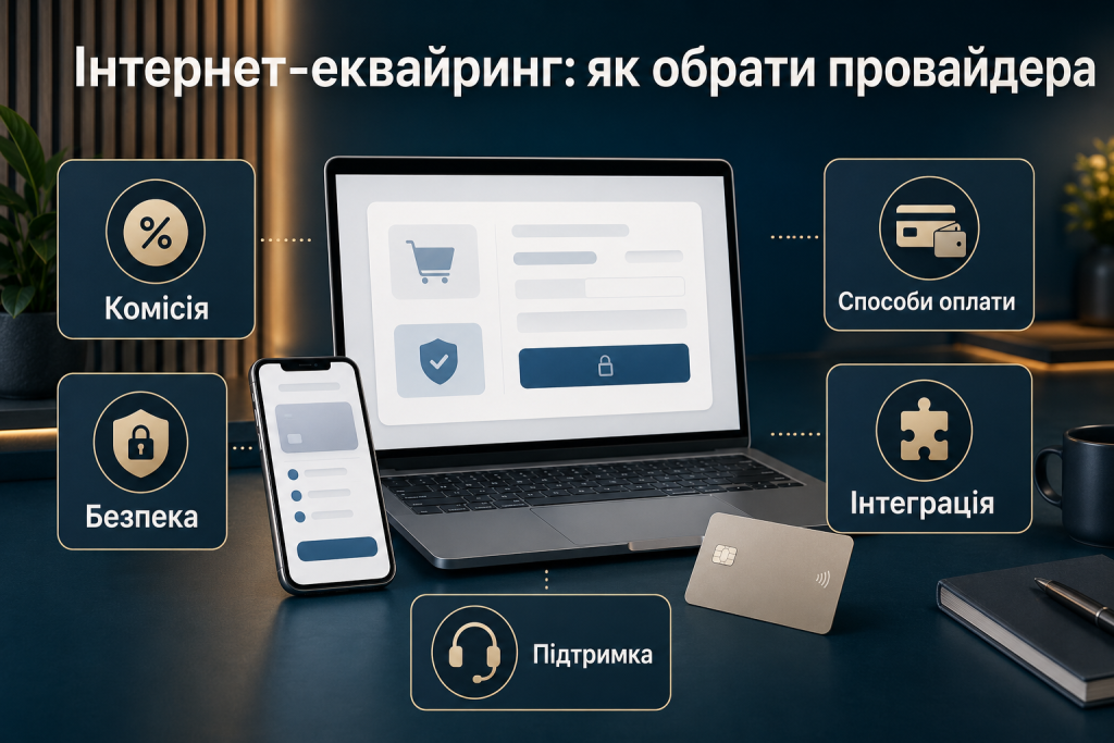 Інфографіка про вибір провайдера інтернет-еквайрингу за комісією, безпекою, способами оплати, інтеграцією та підтримкою