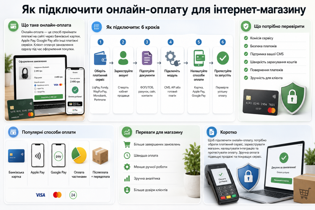 Інфографіка з етапами підключення безпечної онлайн-оплати на сайті інтернет-магазину