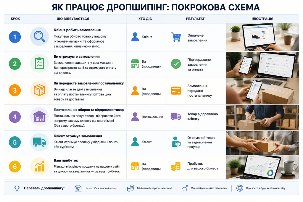 Покрокова таблиця роботи дропшипінгу від замовлення покупця до доставки товару та отримання прибутку
