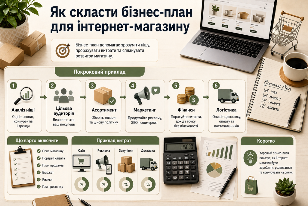 Інфографіка з покроковим прикладом складання бізнес-плану для інтернет-магазину