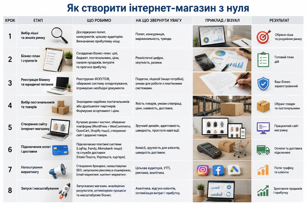 Покрокова таблиця зі створення інтернет-магазину з нуля — від вибору ніші до запуску