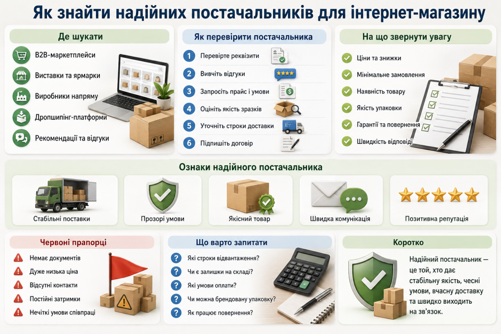 Інфографіка про пошук і перевірку надійних постачальників товарів для інтернет-магазину
