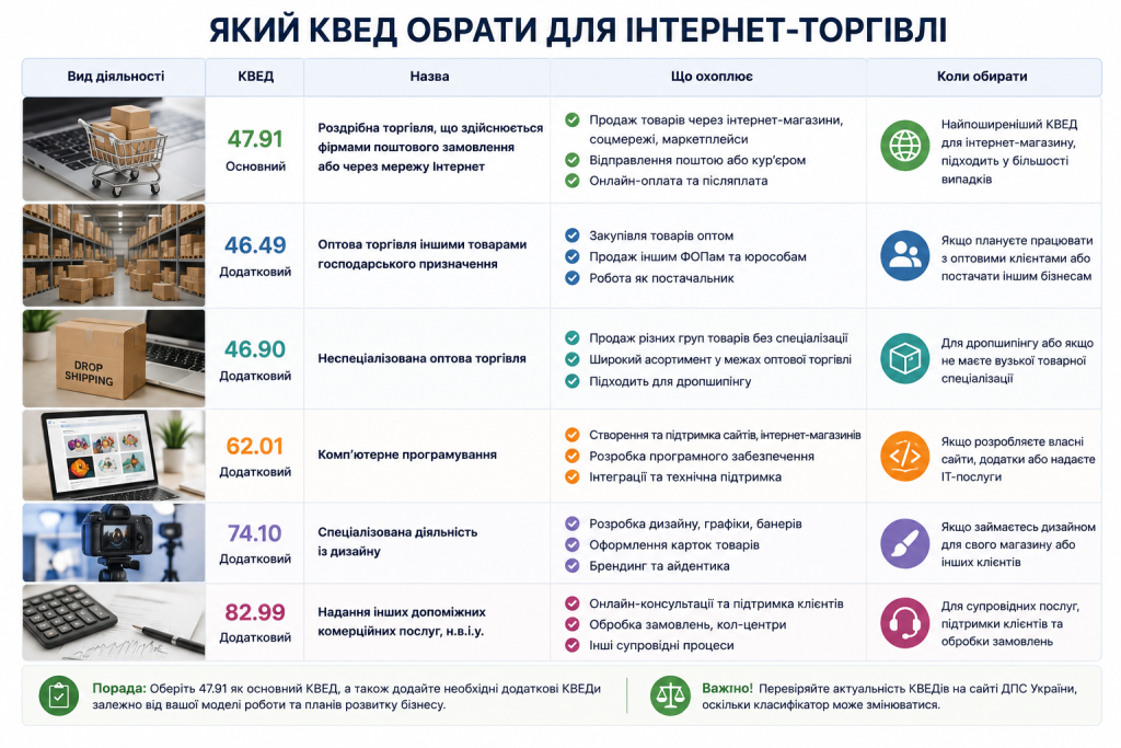 Таблиця основних і додаткових КВЕДів для інтернет-магазину, дропшипінгу та онлайн-послуг