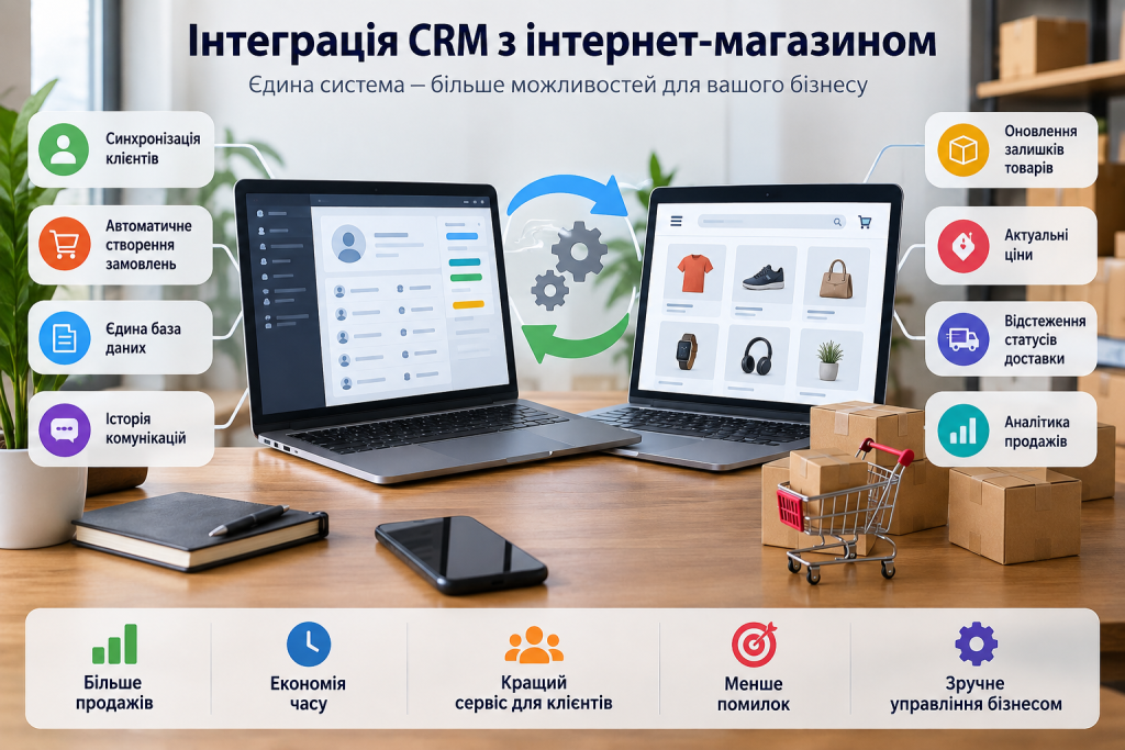 Інфографіка про інтеграцію CRM з інтернет-магазином, синхронізацію клієнтів, замовлень, товарів, цін і доставки