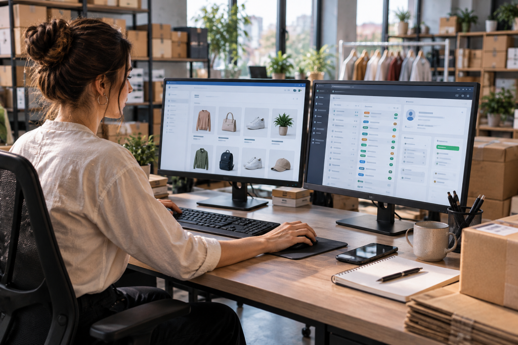 Співробітниця працює з інтернет-магазином і CRM-системою на двох моніторах у сучасному офісі електронної комерції