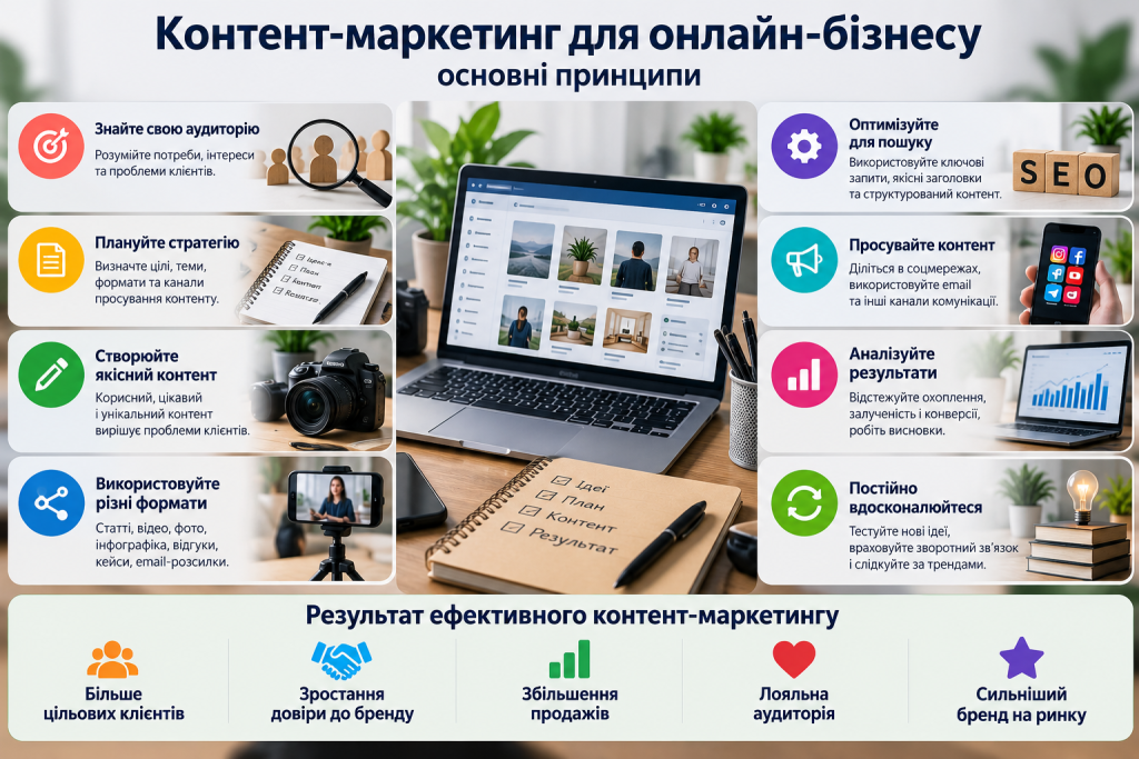 Інфографіка про основні принципи контент-маркетингу для онлайн-бізнесу, створення контенту, SEO, просування та аналіз результатів