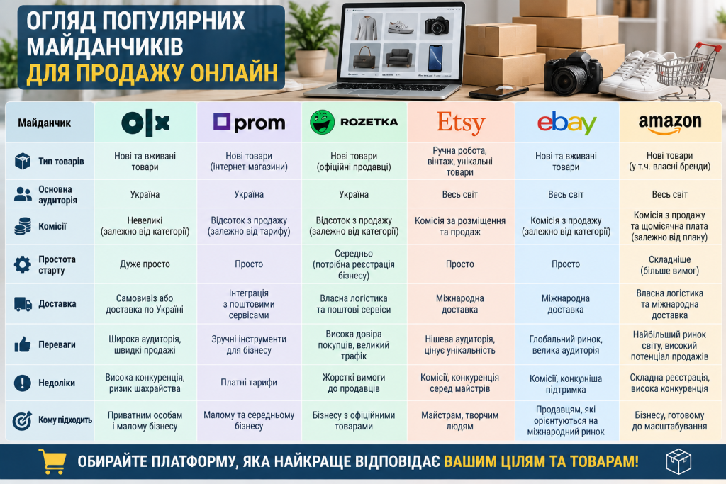 Порівняльна таблиця популярних майданчиків для продажу онлайн: OLX, Prom, Rozetka, Etsy, eBay та Amazon.