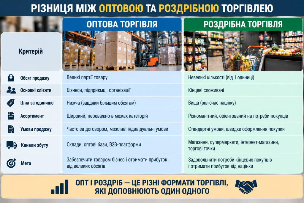 Інфографіка про різницю між оптовою та роздрібною торгівлею за обсягом продажу, клієнтами, цінами, асортиментом і каналами збуту.