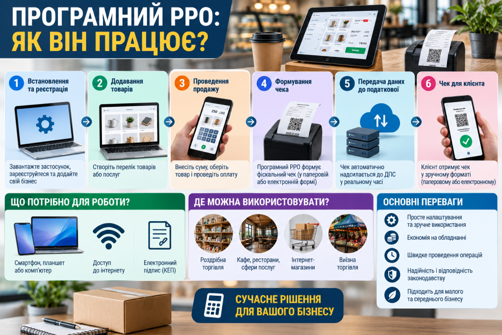 Інфографіка про роботу програмного РРО: реєстрацію, продаж товару, формування чека, передачу даних до податкової та видачу чека клієнту.